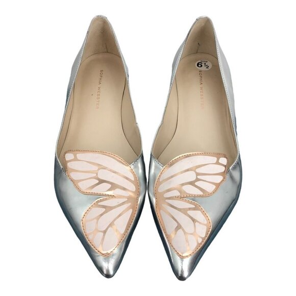 Sophia Webster Bibi Butterfly Silver Metallic Patent-leather Point-toe Flats 6.5 - Picture 2 of 16
